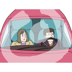 Zwei ängstliche Personen sitzen geduckt im Auto.