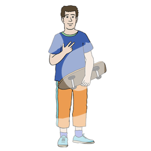 Ein Jugendlicher mit Skateboard in der Hand zeigt mit einer Hand drei Finger.