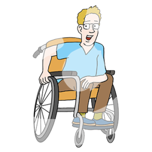 Ein fröhlicher Junge im Rollstuhl.