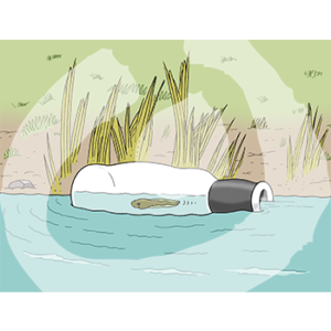 Eine Flasche im Wasser. In der Flasche schwimmt eine Kaulquappe.