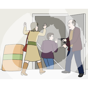 Eine Person zeigt mit einer Waffe auf zwei Personen. Die beiden gehen mit erhobenen Händen eine Treppe herunter.