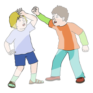 Ein wütendes Kind steht mit erhobener Faust vor einem erschrockenen Kind mit erhobenem Arm.