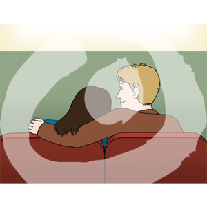 Zwei Personen in Rückenansicht sitzen auf roten Sesseln. Eine Person guckt die andere Person an und hat ihren auf um sie gelegt.