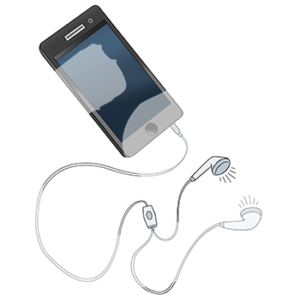 Ein Handy mit angeschlossenen Kabelkopfhörern.