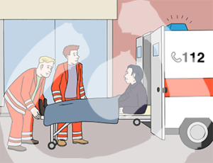 Zwei Personen mit Sanitätsuniform schieben eine Person auf einer Trage in ein Auto. Auf dem Dach sind Sirenen und an der Seite die Nummer 112.