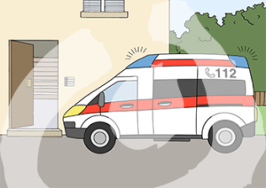 Ein Auto mit Sirenen und der Nummer 112 steht vor einem Haus.