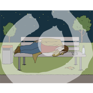 Ein Mann liegt nachts auf einer Parkbank. Neben ihm ist Müll.