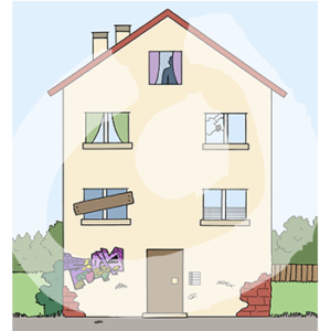 Ein sehr kaputtes Mehrparteienhaus. Ein kaputtes Fenster, eine kaputte Wand und ein Fenster mit einem Brett.