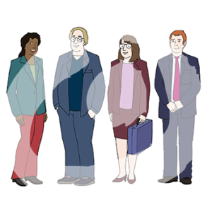 Vier Personen in Anzügen nebeneinander. Eine Person trägt einen Aktenkoffer.