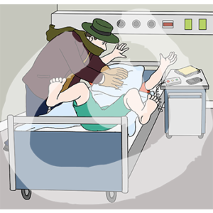 Eine Person liegt in einem Pflegebett und streckt ihre Arme und Beine in die Luft. Eine weitere Person in Hut, Handschuhen und Schal vor dem Mund drückt ihr ein Kissen auf das Gesicht.