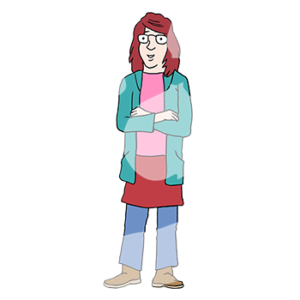 Ein Mädchen mit roten Haaren und Brille.