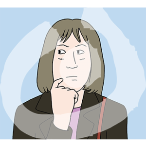 Das Portrait einer nachdenklichen Frau. Sie hält einen Finger an ihrem Kinn.