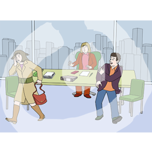 Eine erschrockene Person sitzt an einem Schreibtisch. Daneben steht eine erschrockene Person und guckt einer weiteren Person hinterher. Sie läuft telefonierend weg.