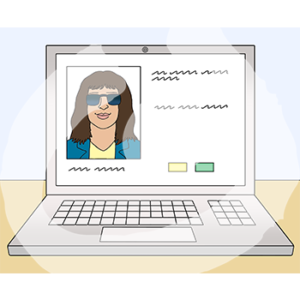 Ein offener Laptop mit dem Portrait einer Frau und Text.