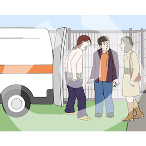 Drei Personen stehen vor einem Bauzaun neben einem Lieferwagen. Eine Person ist oberkörperfrei, die Hose rutscht runter und guckt wütend. Die anderen beiden gucken unsicher.