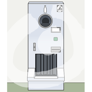 Ein rechteckiger Automat mit einer runden Öffnung, darüber das Symbol einer Flasche, daneben das Pfandsymbol. Darunter ein kleiner Bildschirm, ein grüner Knopf und ein Schlitz. Darunter eine rechteckige große Öffnung.