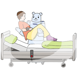 Ein Roboter hebt eine Person in ein Pflegebett.