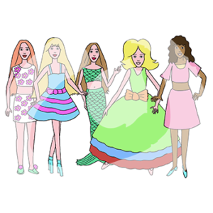 Fünf unterschiedliche Puppen. Vier Puppen mit unterschiedlichen Haarfarben, Hautfarben und Kleidern. Eine Meerjungfrauenpuppe.