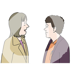 Portraitansicht von zwei Personen die sich angucken.