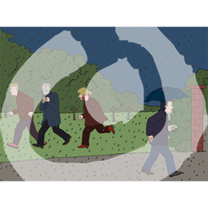 Vier Personen laufen im Dunkeln, im Regen auf einem Friedhof weg. Eine Person hat einen Regenschirm.