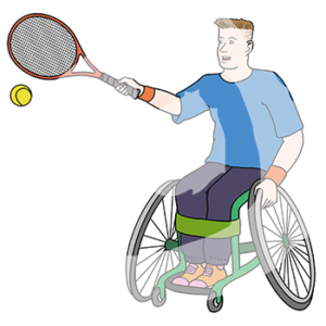Eine Person im Rollstuhl hält einen Tennisschläger und schlägt einen Tennisball.