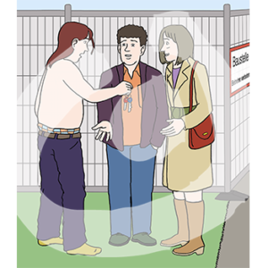 Zwei Personen stehen vor einem Bauzaun. Eine hält die Hand nach vorne. Eine weitere Person mit nacktem Oberkörper legt einen Schlüssel in die Hand.