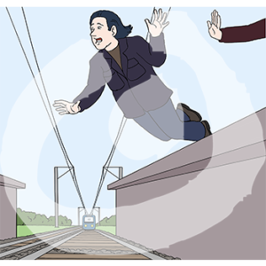 Eine Hand ist in die Richtung einer erschrockene Person gestreckt. Sie fällt vom Gleis auf die Schienen. Im Hintergrund kommt ein Zug.