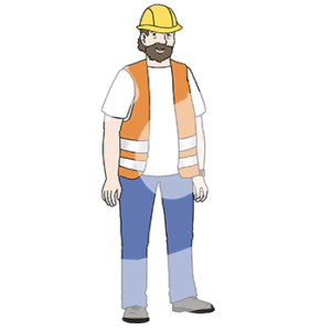 Eine Person in Warnweste und Schutzhelm.