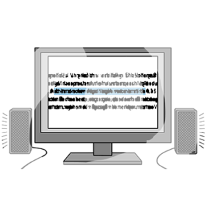 Ein Computer mit Lautsprechern. Darauf ist ein Text. Ein Teil des Textes ist blau hinterlegt.