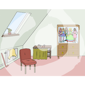 Ein Raum mit einem offenen Schrank mit Puppen, einer Brechstange, einer Werkbank und einem Stuhl.