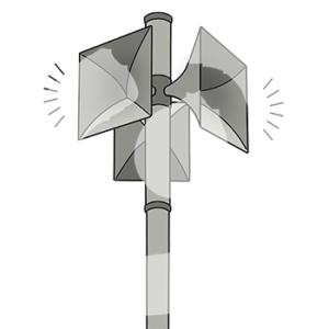 Drei Lautsprecher an einer Stange.