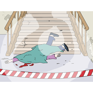 Eine blutende Person liegt unter einem Tuch am Ende einer Treppe. Davor ist ein Absperrband.