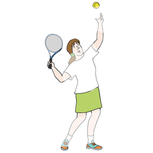Eine Person in Tenniskleidung hält einen Tennisschläger in der Hand. Sie wirft einen Ball in die Luft und holt aus.