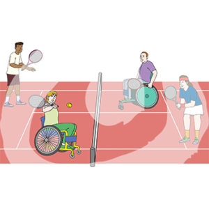 Vier Personen mit Tennisschlägern auf einem Tennisplatz. Jeweils eine Person spielt mit einer Person im Rollstuhl.