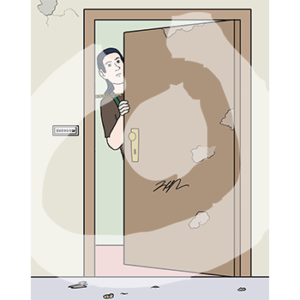 Eine Person guckt durch einen Spalt in einer Tür.