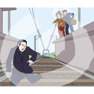 Eine Person liegt auf den Gleisen. Auf dem Gleis sind zwei Personen die schreien und auf einen Zug zeigen der kommt.