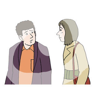 Portraitansicht von zwei Personen die sich angucken. Eine Person guckt unsicher.