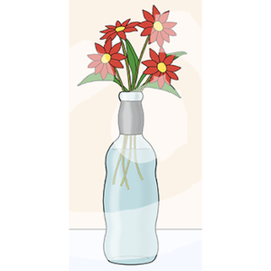 Eine Vase mit Wasser und Blumen darin.