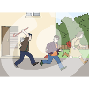 Zwei Personen rennen von einem Haus weg. Eine Person dreht sich nach einer Person mit erhobenen Brecheisen um.