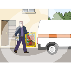 Eine Person mit einem Beutel und einem Bild läuft zu einem Lieferwagen.