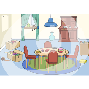 In der Mitte eines Raumes steht ein runder Tisch, darauf Gegenstände mit vier Stühlen. Im Hintergrund sind Kisten auf dem Boden und ein Schrank.