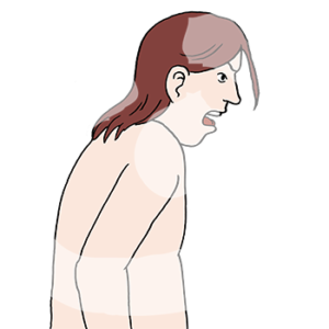 Portraitansicht einer wütenden Person mit offenem Mund und nacktem Oberkörper.