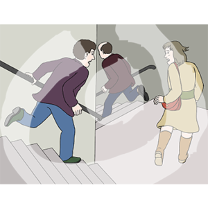 Drei Personen rennen eine Treppe runter.