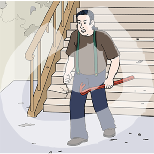 Ein wütenden Mann mit einer Brechstange.