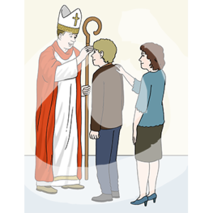 Eine Person in Albe, Bischofsmütze, Krummstab und Gewand hält ihre Hand an die Stirn einer anderen Person. Dieser Person hält eine weitere Person eine Hand auf die Schulter.