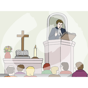 Eine Gruppe an Menschen sitzt auf Bänken und guckt nach vorne auf eine Person in Talar und Beffchen auf einer Kanzel. Daneben ist ein Altar mit Kreuz, Blumen, einer Kerze und einem aufgeschlagenen Buch.