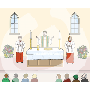 Eine Gruppe von Menschen sitzen und gucken nach vorne auf eine Person in Albe und Stola. Sie steht mit erhobenen Händen vor einem Altar. Links und rechts daneben stehen zwei Personen in Messdieneruniformen.