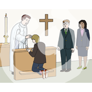 Eine Person in einer Albe hält die Hand auf den Kopf einer anderen Person. Diese Person kniet auf einer Gebetsbank. Daneben stehen zwei Personen in schicker Kleidung. An der Wand hängt ein Kreuz daneben steht eine große Kerze.