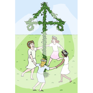 Vier Personen in Kleidern und Blumenkränzen tanzen um einen Mittsommerbaum auf einer Wiese.