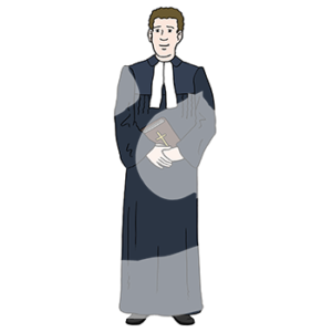 Eine Person trägt einen Talar und ein Beffchen. Sie hat die Hände vor sich über einem Buch mit Kreuz gefaltet.